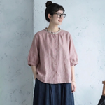 コスパ抜群 刺繍 無地 ボタン 五分袖 ラクチン シャツ
