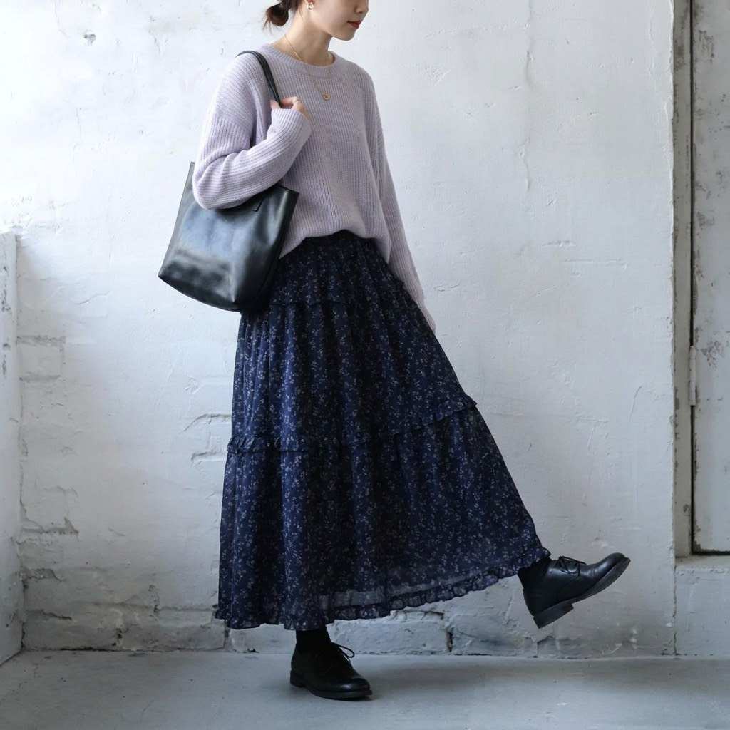 Aライン 切り替え 花柄プリント スカート