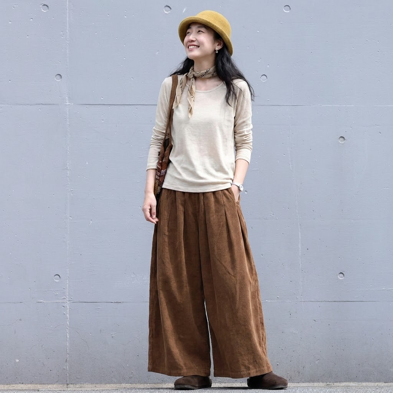 無地 ロング丈 ポケット付き ギャザー ガウチョパンツ