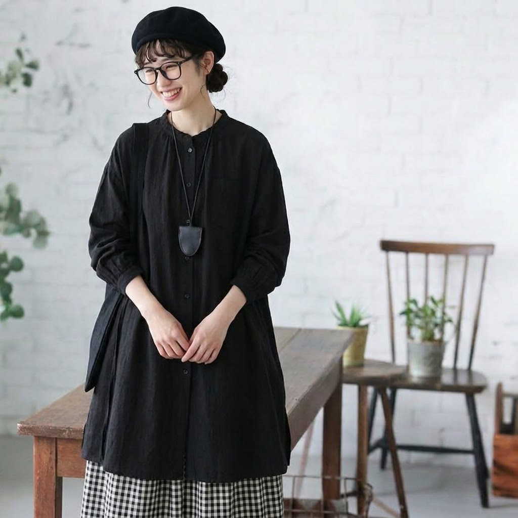 コットン バンドカラー ロングシャツ