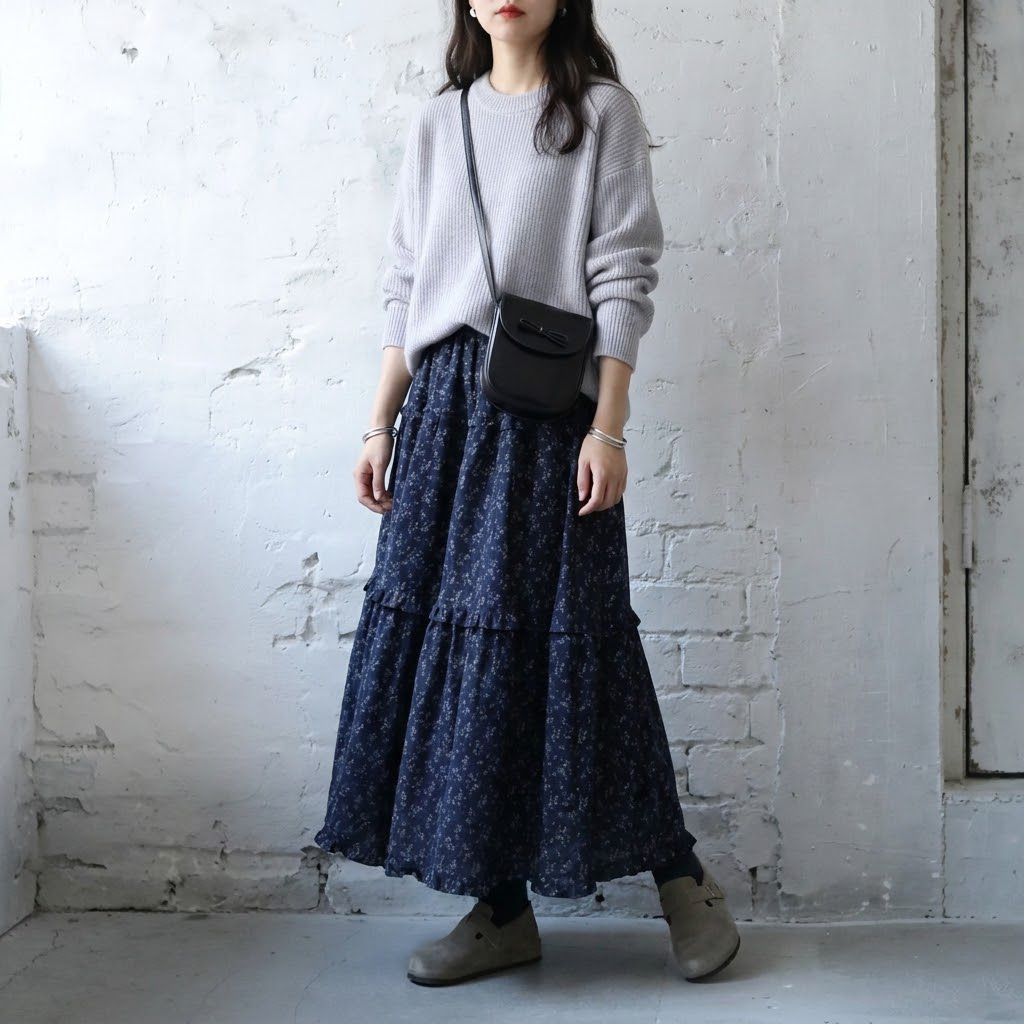 Aライン 切り替え 花柄プリント スカート