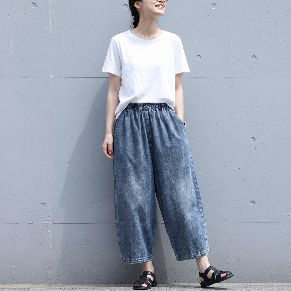 薄手デニム 無地 七分丈パンツ