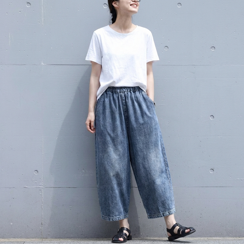 薄手デニム 無地 七分丈パンツ