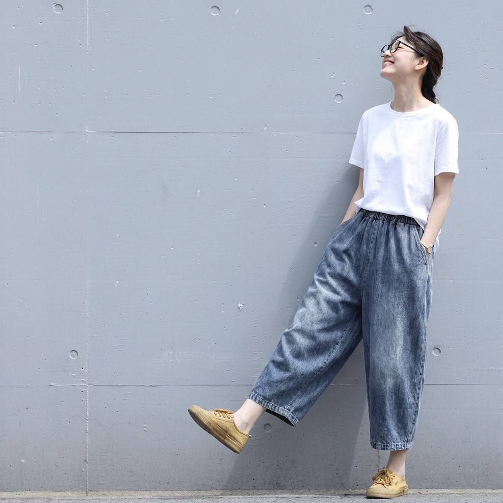 薄手デニム 無地 七分丈パンツ