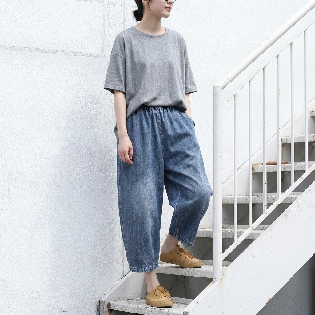 薄手デニム 無地 七分丈パンツ