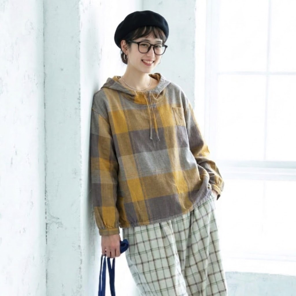 XL～4XL チェック柄 長袖 フード付き Tシャツ