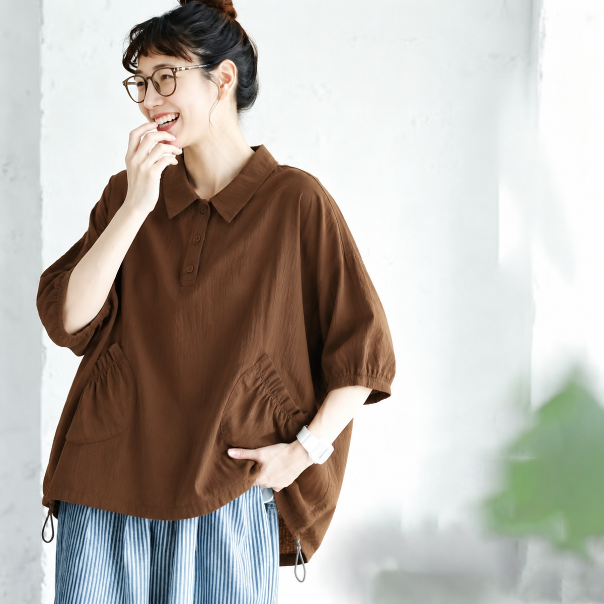 レトロ ボウタイ ギャザー 折り襟 Tシャツ