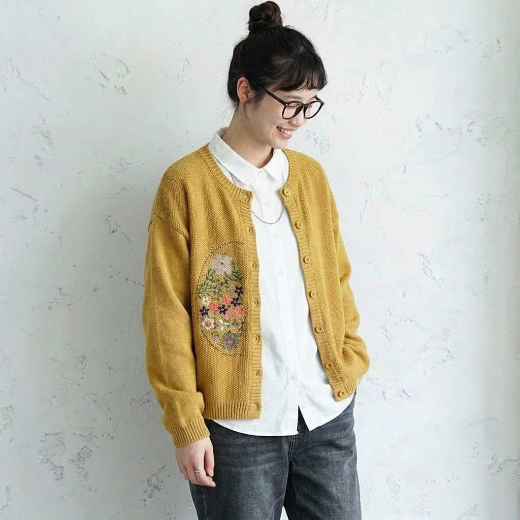 7色展開｜花刺繍 前ボタンニットカーディガン