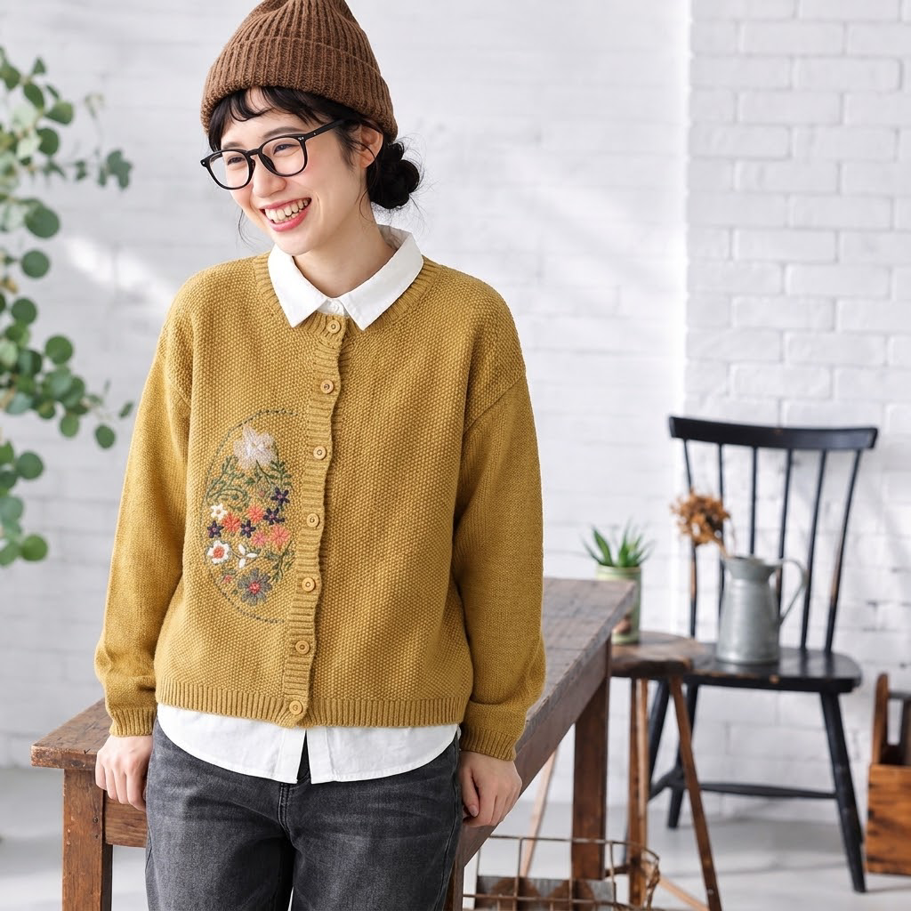 7色展開｜花刺繍 前ボタンニットカーディガン
