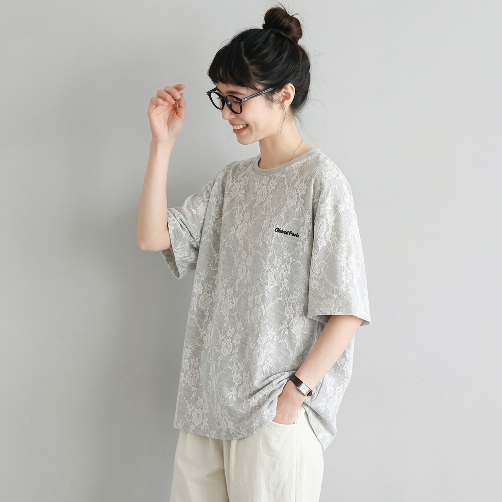 コットン レース 半袖 刺繍 ラウンドネック Tシャツ
