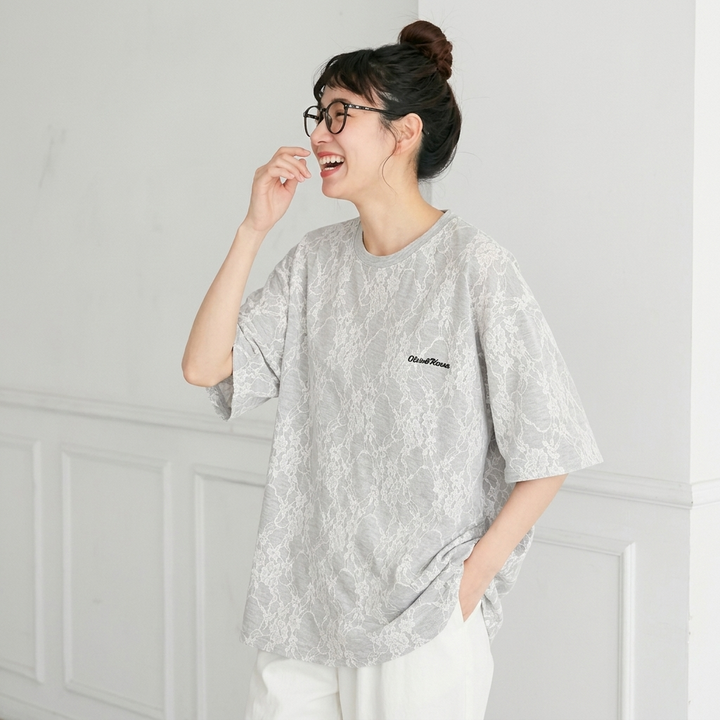 コットン レース 半袖 刺繍 ラウンドネック Tシャツ