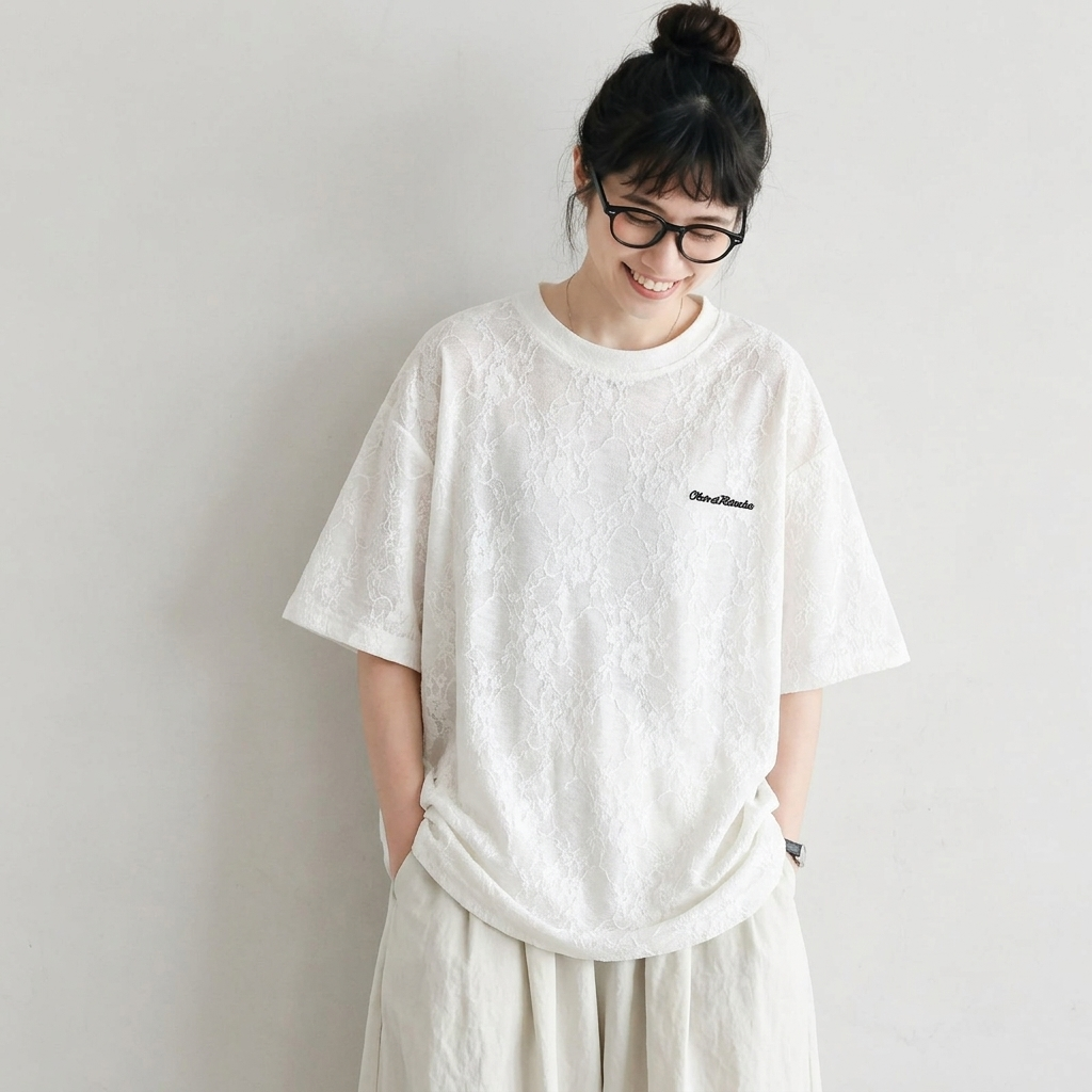 コットン レース 半袖 刺繍 ラウンドネック Tシャツ