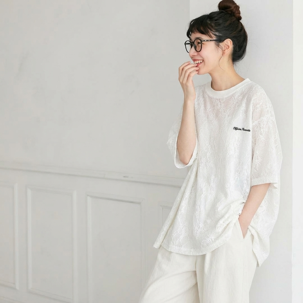 コットン レース 半袖 刺繍 ラウンドネック Tシャツ