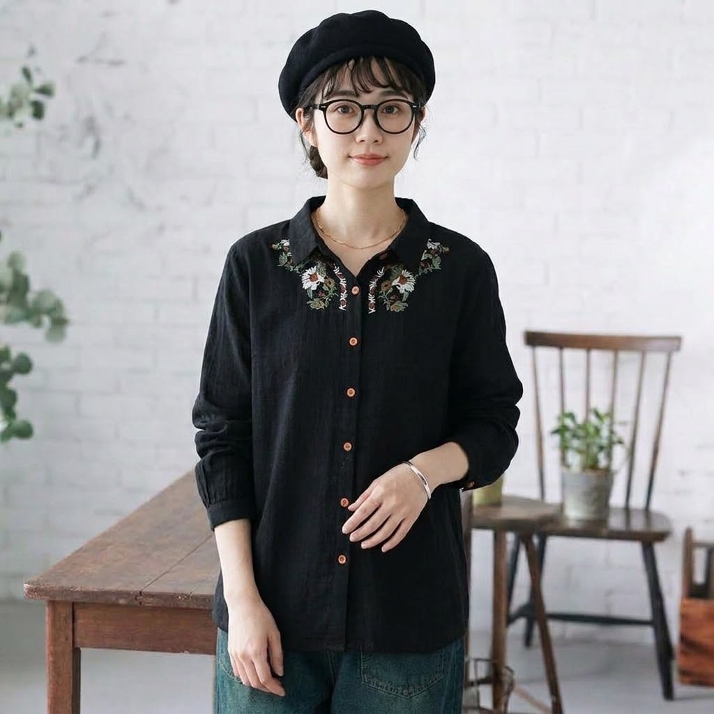 無地 長袖 刺繍 花模様 シャツ