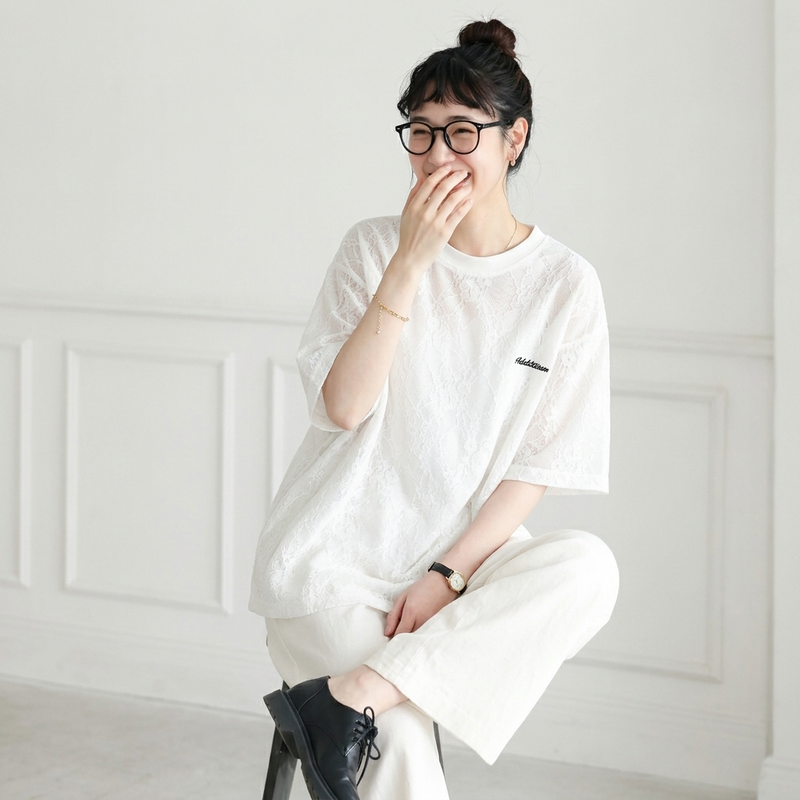 コットン レース 半袖 刺繍 ラウンドネック Tシャツ