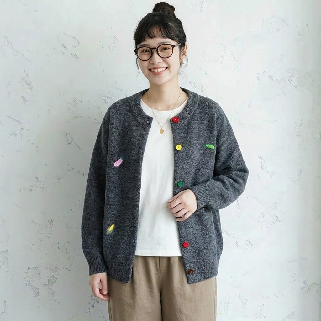 3色展開｜植物刺繍 前ボタン長袖カーディガン