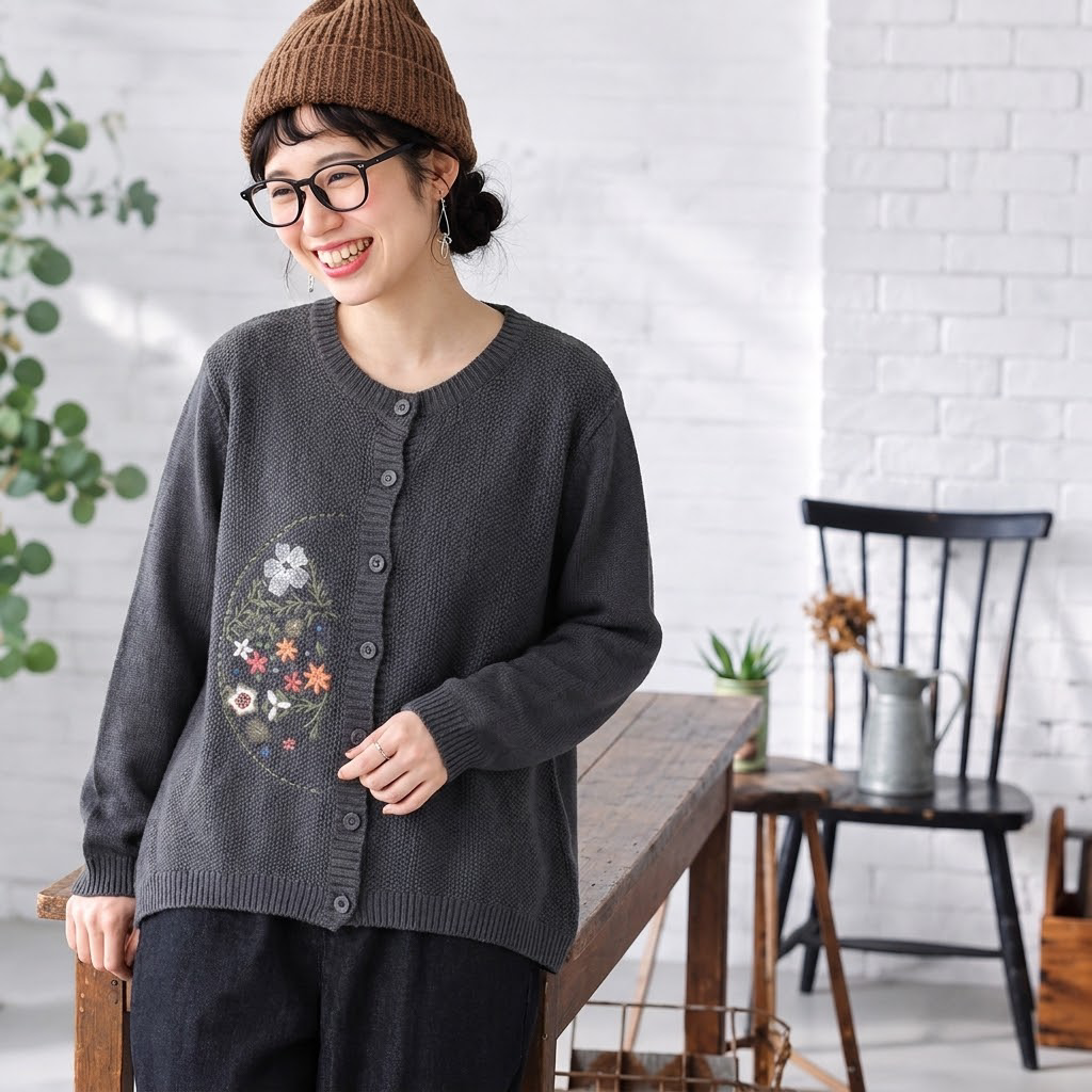 7色展開｜花刺繍 前ボタンニットカーディガン