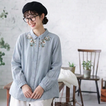 無地 長袖 刺繍 花模様 シャツ