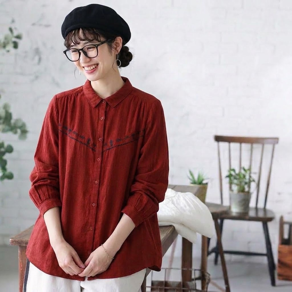 コットン 無地 刺繍 シャツ