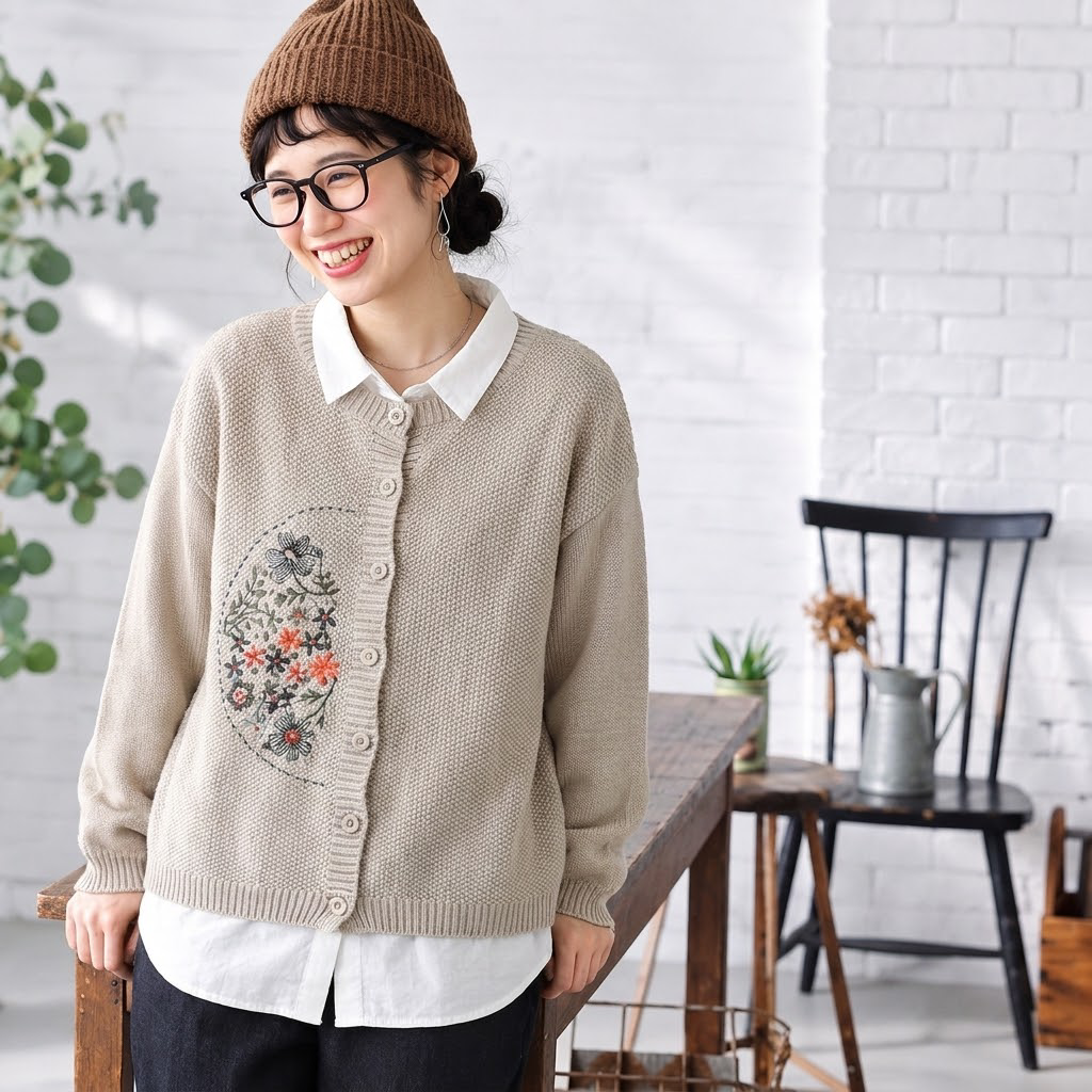 7色展開｜花刺繍 前ボタンニットカーディガン