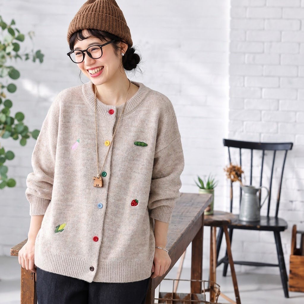 3色展開｜植物刺繍 前ボタン長袖カーディガン