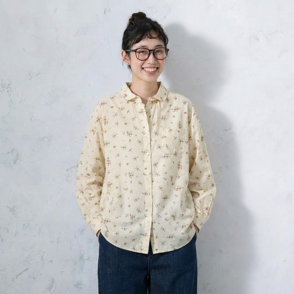 ポケット付き 花柄 ボタン 長袖 シャツ