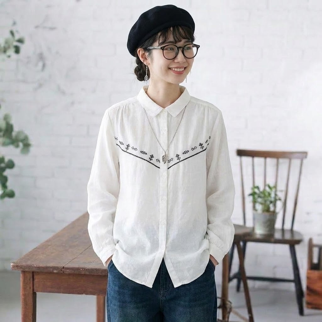 コットン 無地 刺繍 シャツ