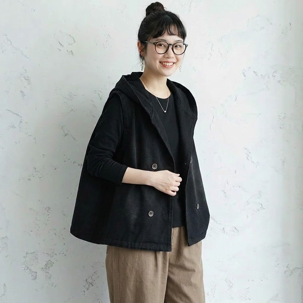 フード付き ノースリーブロングベスト