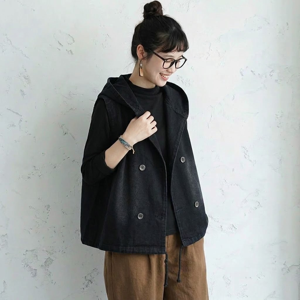 フード付き ノースリーブロングベスト