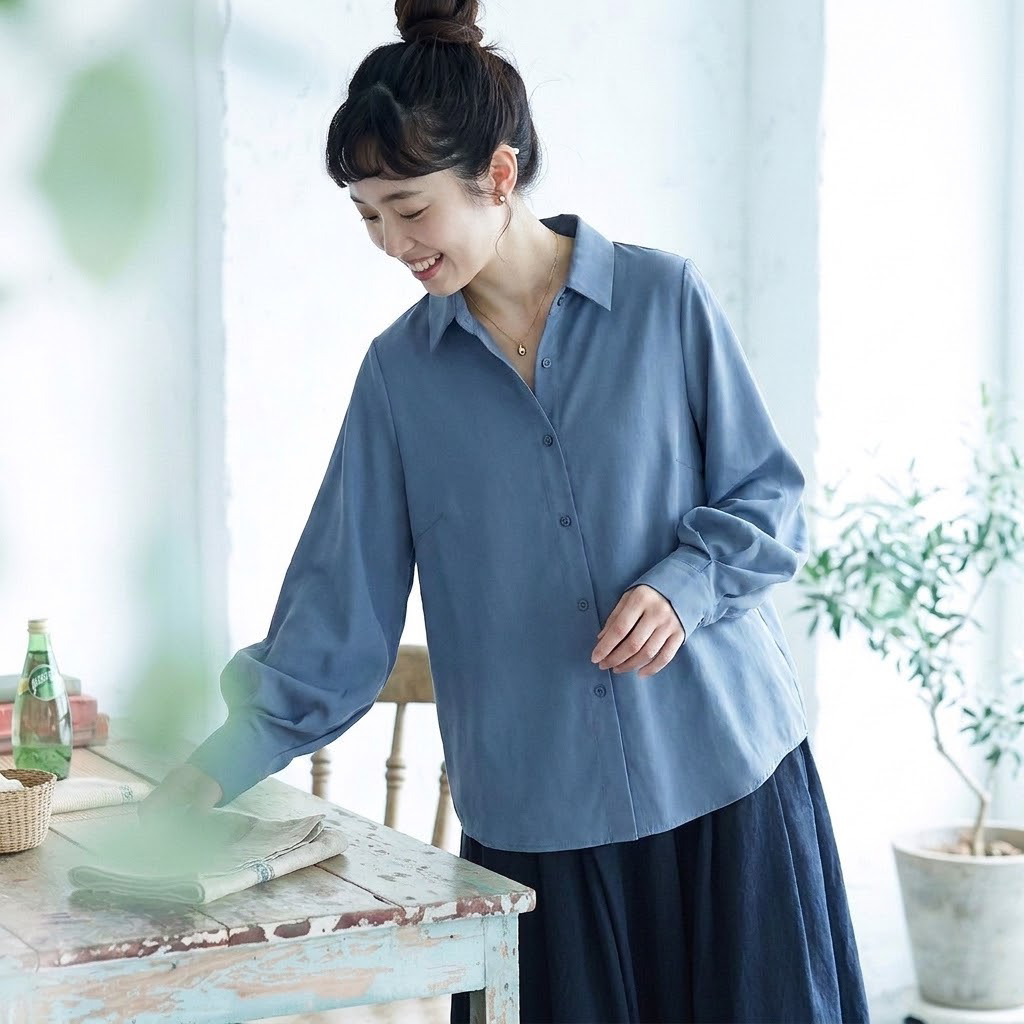 ボタン 折り襟 ランタンスリーブ長袖シャツ
