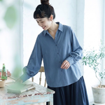 ボタン 折り襟 ランタンスリーブ長袖シャツ