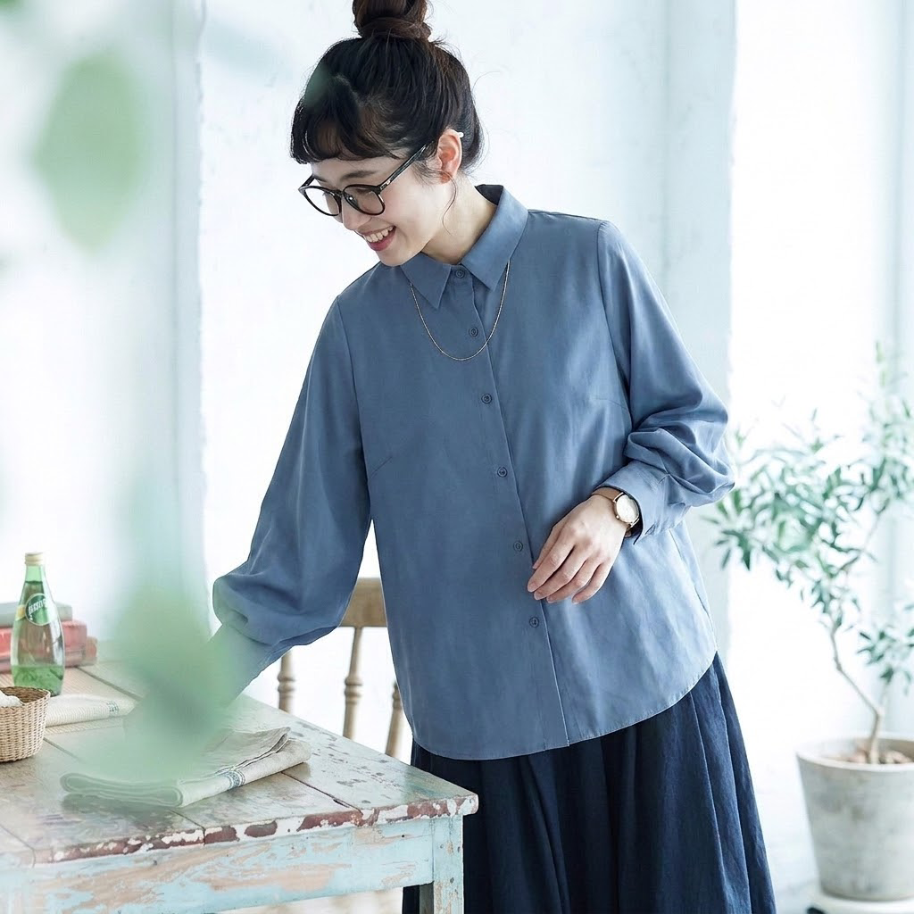 ボタン 折り襟 ランタンスリーブ長袖シャツ