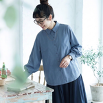 ボタン 折り襟 ランタンスリーブ長袖シャツ