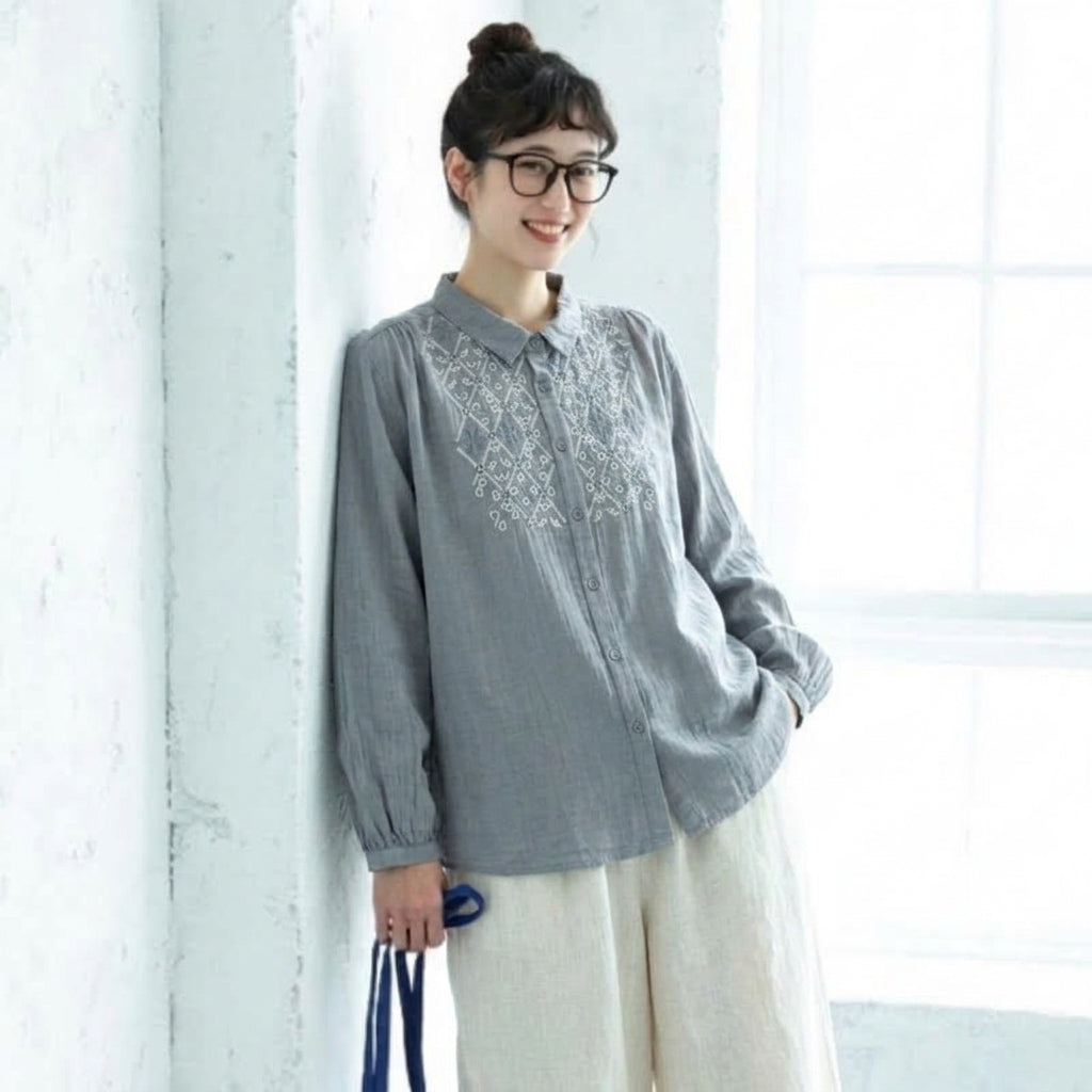 チャイナ風 重厚刺繍長袖シャツ