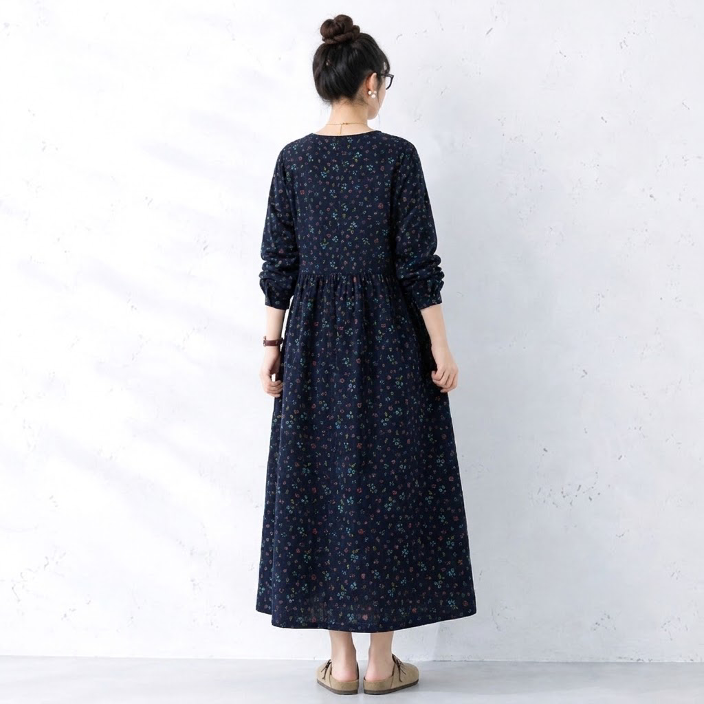 花柄プリント 長袖 プリントワンピース