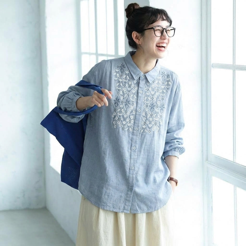 チャイナ風 重厚刺繍長袖シャツ