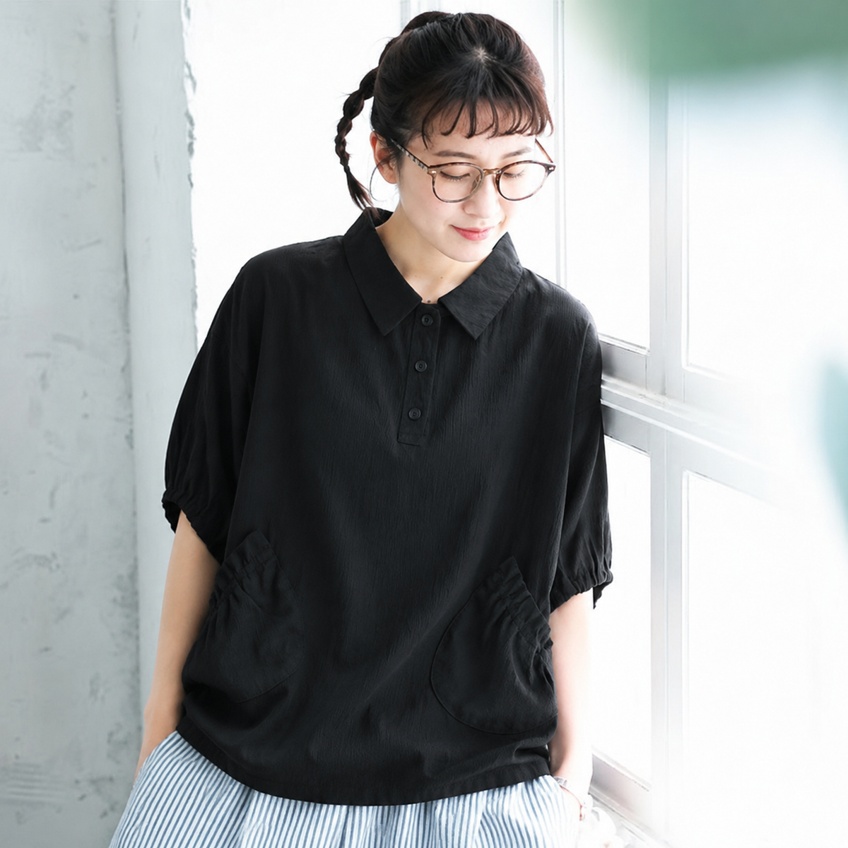レトロ ボウタイ ギャザー 折り襟 Tシャツ