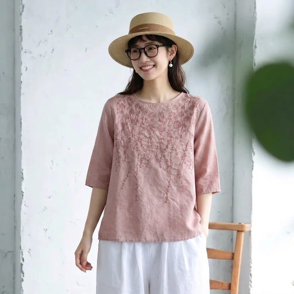 M～4XL 秋のはじまりを楽しむ 刺繍ブラウス
