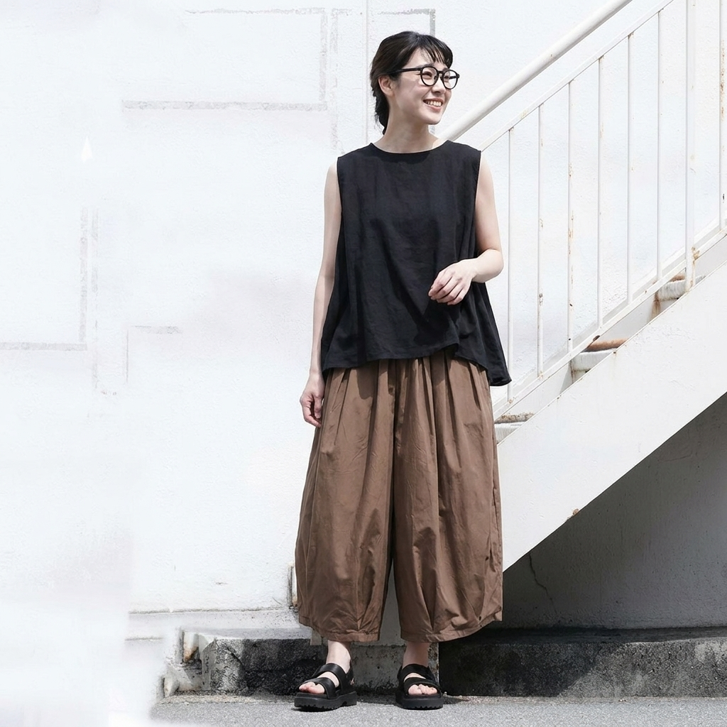 綿麻 無地 アンクル丈（9分丈） ハイウエスト レトロ ガウチョパンツ