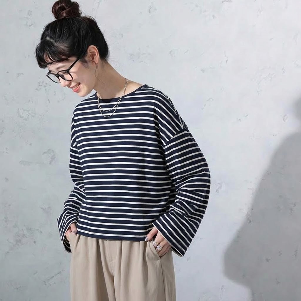 無地・ボーダー クルーネック長袖Tシャツ