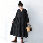 M～4XL ティアードデザイン バルーンスリーブ ロング丈 ワンピース