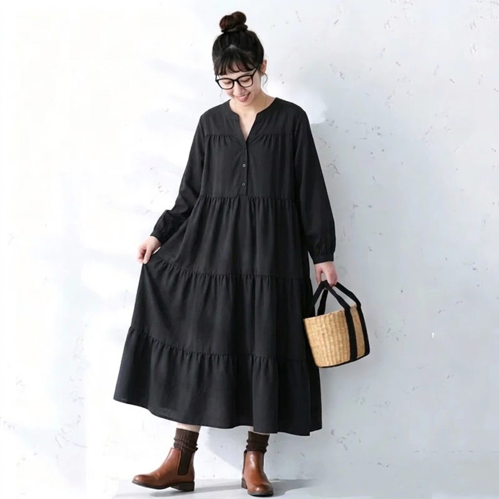 M～4XL ティアードデザイン バルーンスリーブ ロング丈 ワンピース