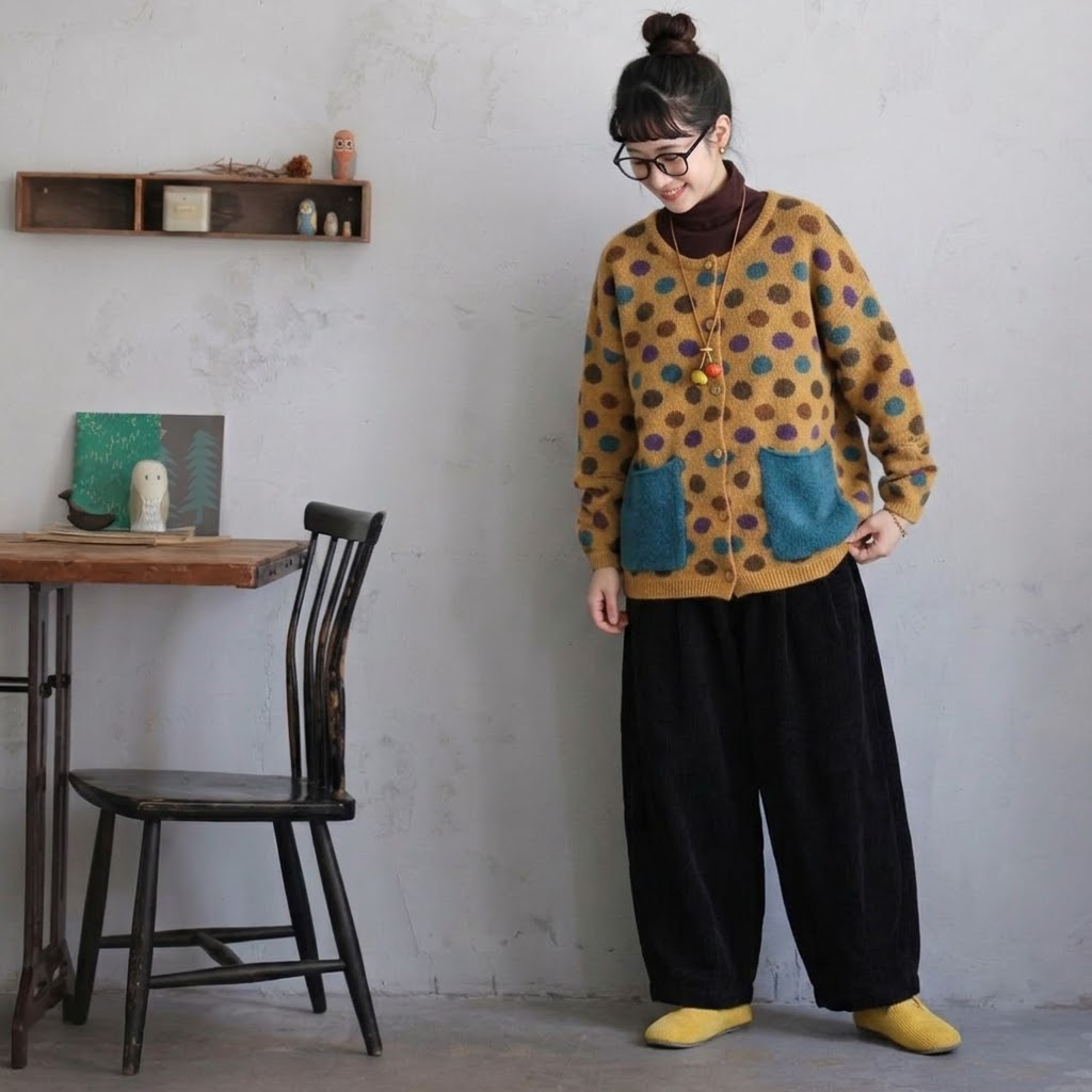 S～5XL ボタン ドット柄 ポケット付き 長袖 カーディガン