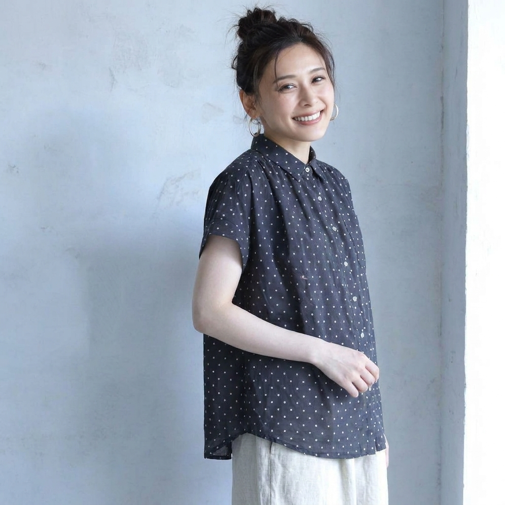 綿麻 ボタン 半袖 折り襟 ドット柄 シャツ