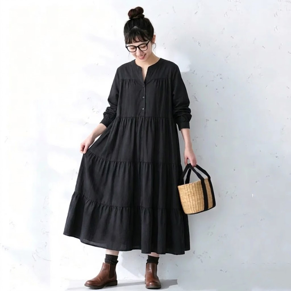M～4XL ティアードデザイン バルーンスリーブ ロング丈 ワンピース