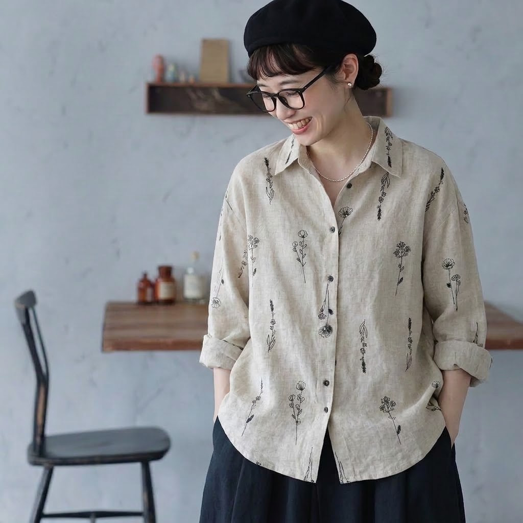 花模様 刺繍 植物 長袖 シャツ袖 シャツ