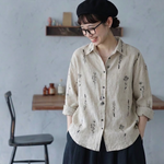 花模様 刺繍 植物 長袖 シャツ袖 シャツ