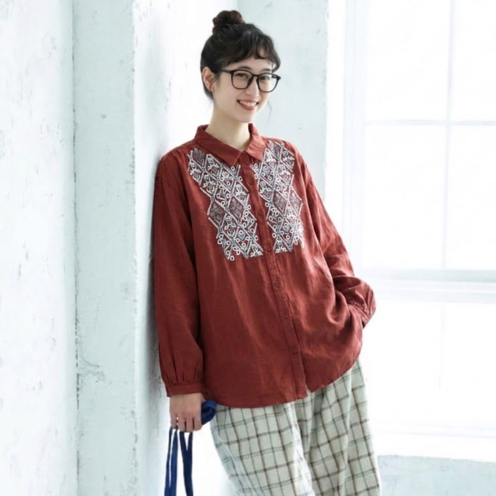 チャイナ風 重厚刺繍長袖シャツ