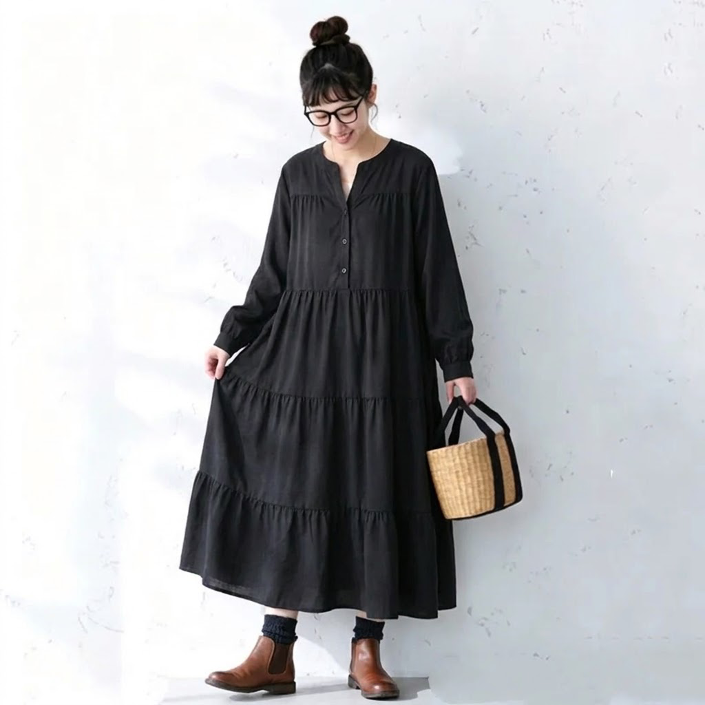 M～4XL ティアードデザイン バルーンスリーブ ロング丈 ワンピース