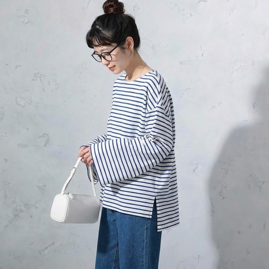無地・ボーダー クルーネック長袖Tシャツ